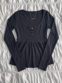 IslaSuriya Women's Half-Open Round Neck Long Sleeve Casual T-Shirt - Navy Blue - View 4
