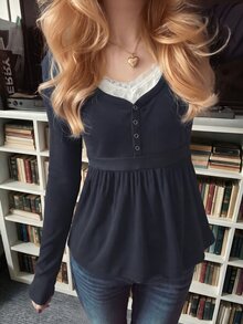 IslaSuriya Women's Half-Open Round Neck Long Sleeve Casual T-Shirt - Navy Blue - View 3