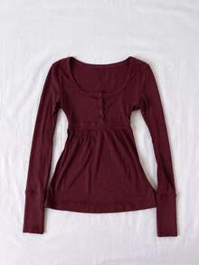 IslaSuriya Women's French Style Versatile Lace Patchwork Button Long Sleeve Top - Burgundy - View 4