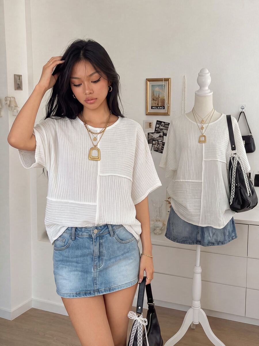 INAWLY Solid Color Batwing Sleeve Casual Modest Loose Summer T-Shirt Brunch White - White - View 1