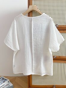 INAWLY Solid Color Batwing Sleeve Casual Modest Loose Summer T-Shirt Brunch White - White - View 2