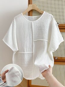 INAWLY Solid Color Batwing Sleeve Casual Modest Loose Summer T-Shirt Brunch White - White - View 3