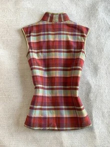IslaSuriya 女款復古優雅格紋立領鈕扣無袖收腰旗袍上衣 米色 夏季 派對晚宴 - 彩色 - 查看 2