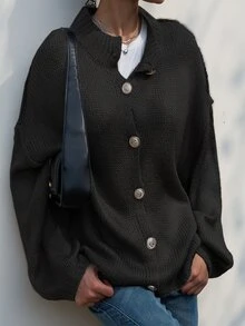 INAWLY Women's Dark Grey Autumn Casual Long Cardigan,Oversized Lantern Sleeve Loose Button Knit Tops,Raw Hem Drop Shoulder Everyday Back-To-School Cardigans - Black - View 3