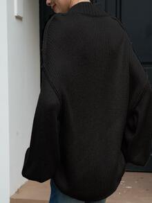 INAWLY Women's Dark Grey Autumn Casual Long Cardigan,Oversized Lantern Sleeve Loose Button Knit Tops,Raw Hem Drop Shoulder Everyday Back-To-School Cardigans - Black - View 2