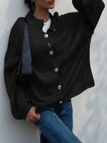 INAWLY Women's Dark Grey Autumn Casual Long Cardigan,Oversized Lantern Sleeve Loose Button Knit Tops,Raw Hem Drop Shoulder Everyday Back-To-School Cardigans - Black - View 5
