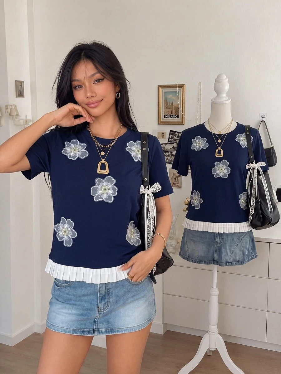 SHEIN Women's Casual Round Neck Patchwork Short Sleeve Top - Royal Blue - View 1