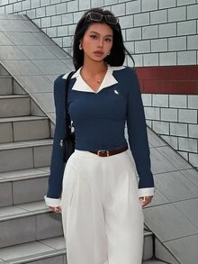 INAWLY 休闲百搭修身短款长袖女式上衣 - 寶藍色 - 查看 2
