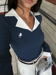 INAWLY 休闲百搭修身短款长袖女式上衣 - 寶藍色 - 查看 9
