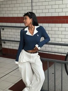 INAWLY 休闲百搭修身短款长袖女式上衣 - 寶藍色 - 查看 6