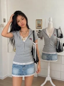 IslaSuriya Womens Y2K Short Sleeve Hoodie Slim Fit Ribbed Knit Henley Neck Sweatshirt Retro NY Embroidered Casual Tops With Pocket - Grey - View 1