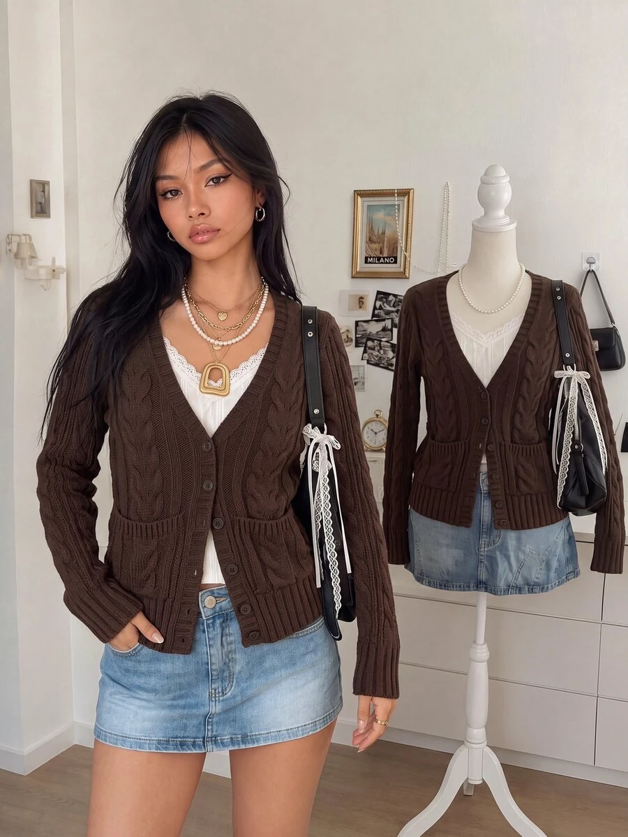 IslaSuriya Chaqueta de punto de cable con cuello en V, estilo básico de academia oscura vintage de universidad americana, color marrón oscuro, con bolsillos reales, para oficina y otoño - Marrón - Ver 1