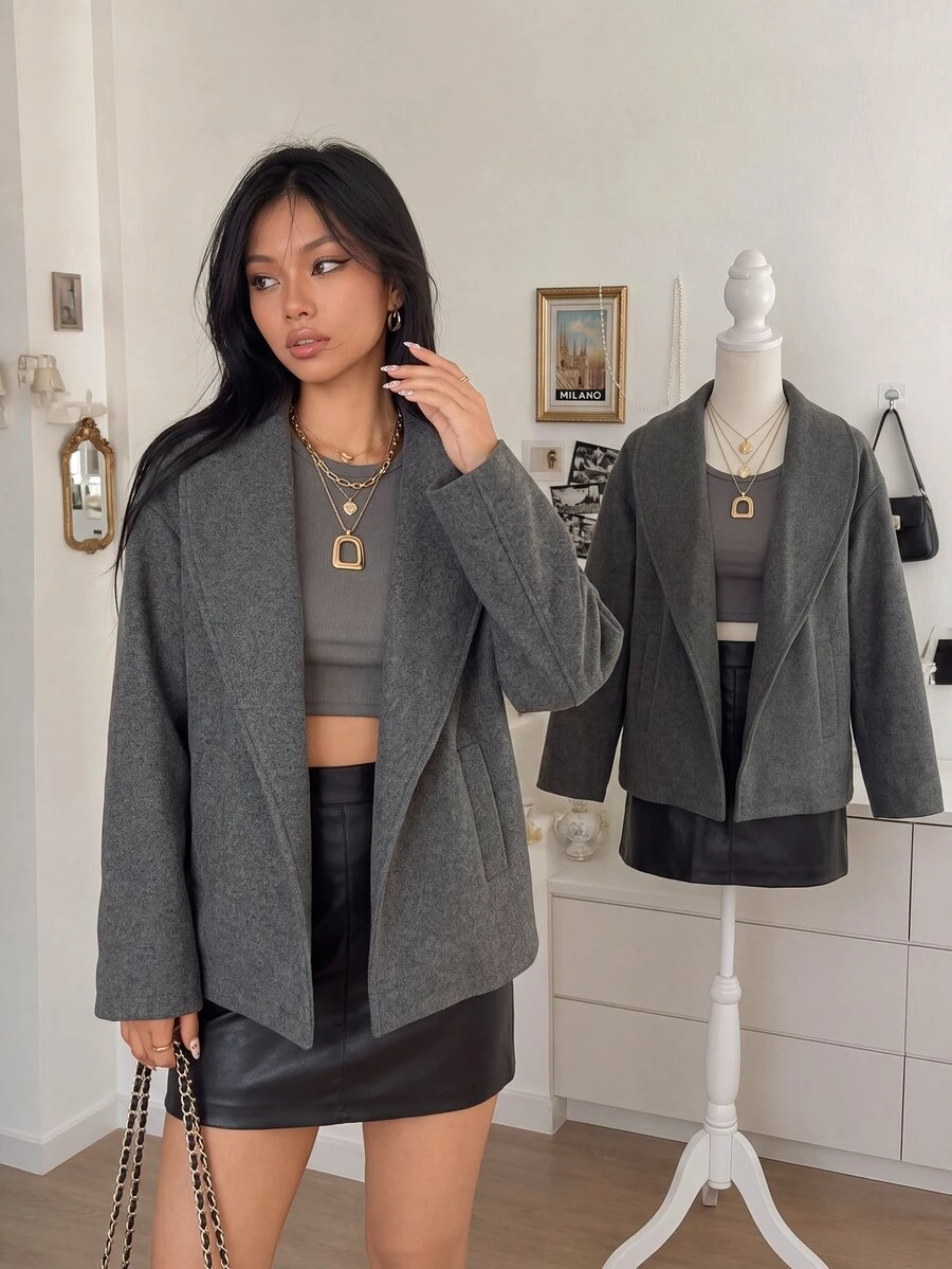 INAWLY Women Casual Loose Overcoat For Autumn Fall Winter Cloth For Women - Dark Grey - View 1