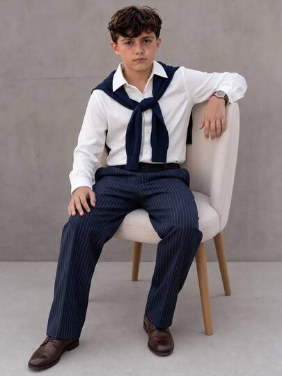 Teen Boy Suit Set, White Lapel Long Sleeve Shirt + Navy Blue Striped Long Trousers + Navy Blue Shawl, Baggy Outfit Birthday Holiday Party Fall