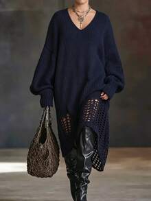 Linhara CURVE V-Neck Dropped Shoulder Loose Hollow Hem Knit Dress, Slouchy Long Sweater Dress Winter - Blue - View 4