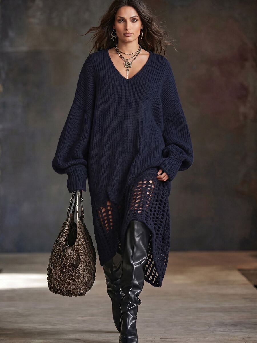 Linhara CURVE V-Neck Dropped Shoulder Loose Hollow Hem Knit Dress, Slouchy Long Sweater Dress Winter - Blue - View 1