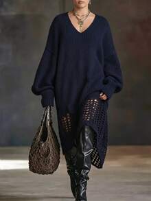 Linhara CURVE V-Neck Dropped Shoulder Loose Hollow Hem Knit Dress, Slouchy Long Sweater Dress Winter - Blue - View 6