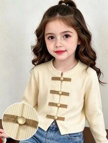 SHEIN Elladie kids 女童素色羅紋針織夾克，立領復古金屬鈕扣裝飾長袖休閒短外套，秋季外穿外套 - 杏色 - 查看 3