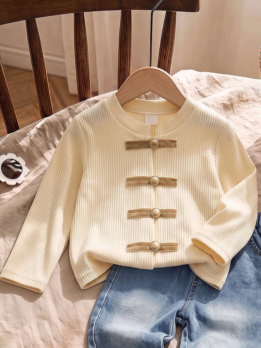 SHEIN Elladie kids 女童素色羅紋針織夾克,立領復古金屬鈕扣裝飾長袖休閒短外套,秋季外穿外套 - 杏色 - 查看 1