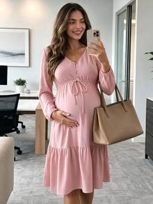 SHEIN 孕婦純色鈕扣半開襟腰部綁帶燈籠袖荷葉邊休閒洋裝 秋季 - 粉色 - 查看 2
