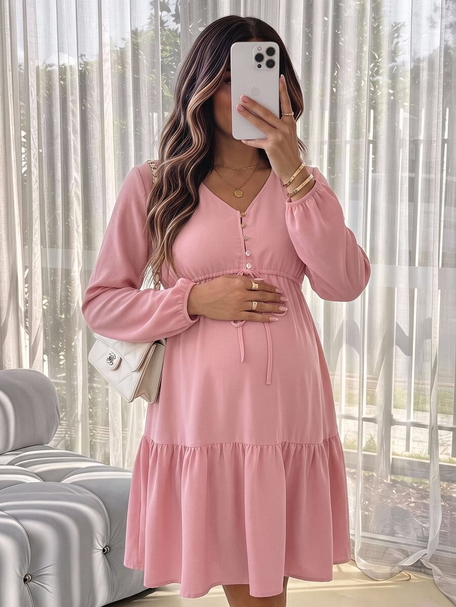 SHEIN 孕婦純色鈕扣半開襟腰部綁帶燈籠袖荷葉邊休閒洋裝 秋季 - 粉色 - 查看 1