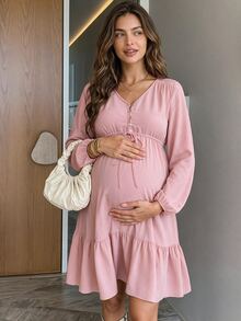 SHEIN 孕婦純色鈕扣半開襟腰部綁帶燈籠袖荷葉邊休閒洋裝 秋季 - 粉色 - 查看 10