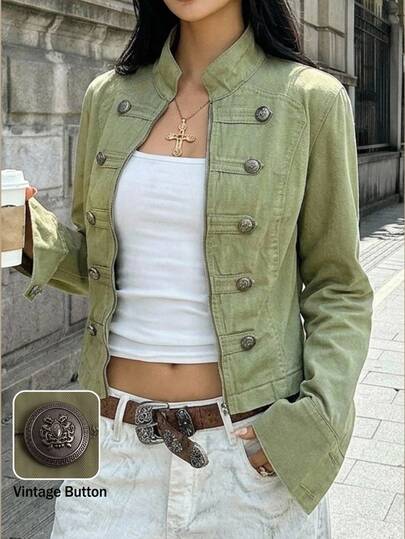 StreetHx Women's Stand Collar Casual Retro Streetwear Vintage Street Versatile Daily Long Sleeve Denim Jacket Everyday Day Time Olive Green Autumn Everyday