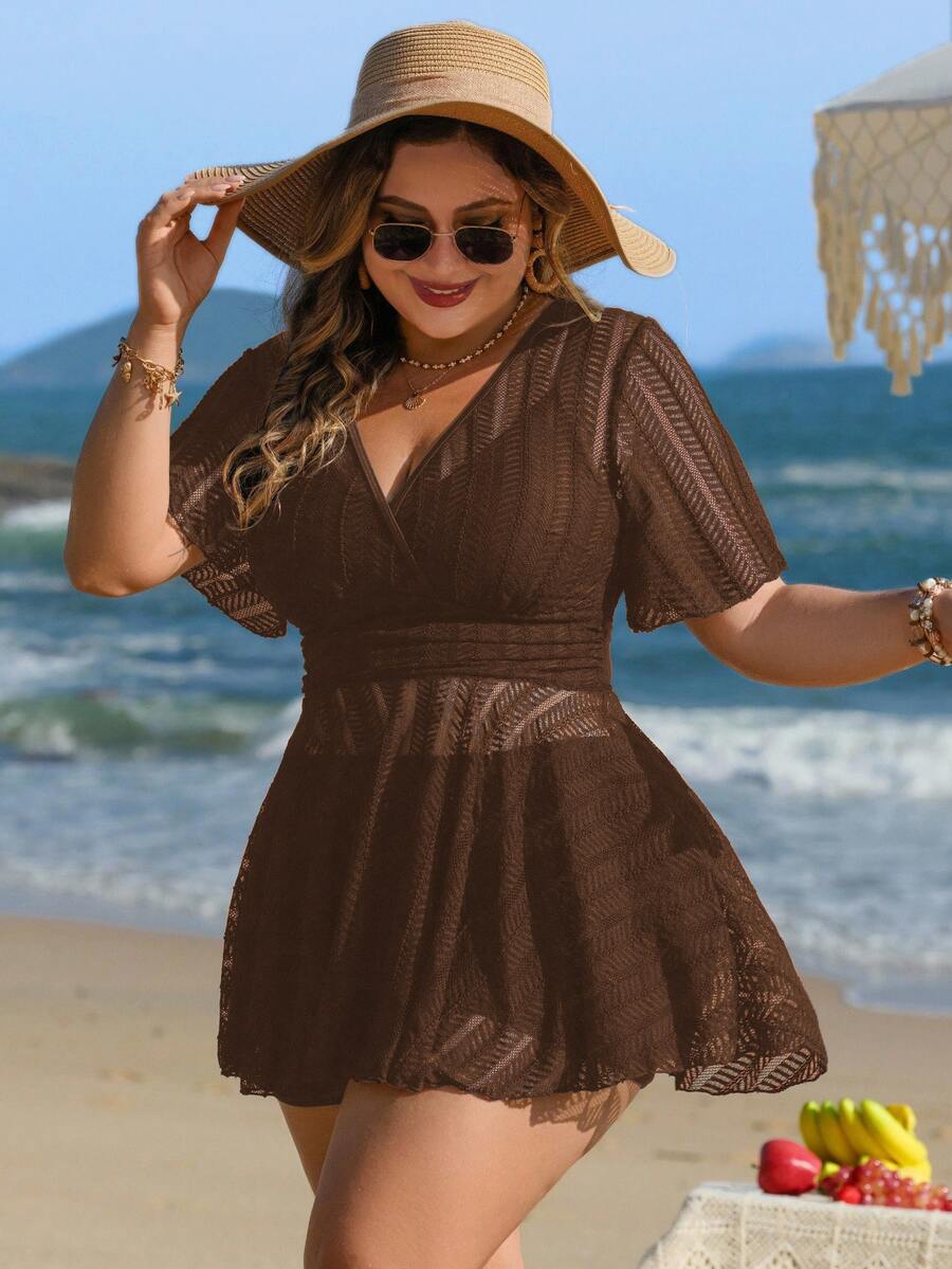 Swim Lushoire Plus Size Women 2pcs Solid Color Mesh Skirt Casual Beach Vacation Holiday Bikini Swimsuit Set Summer - Mocha Brown - View 1