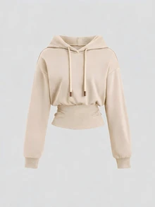 Sweetra Women's Solid Beige Drawstring Sweatshirt Waist Design Long Sleeve Sweatshirt For Daily Wear, Office Commute, Outdoor Casual Pullover Top - Beige - View 1