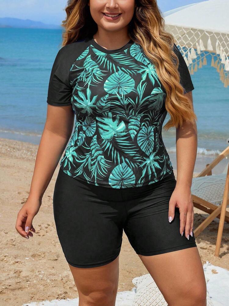 Swim Lushoire Summer 2 Pieces Plus Size Women's Random Print Short Sleeve Tankini Swimwear With Shorts, Modest, Slimming, Casual For Vacation - Black - View 4