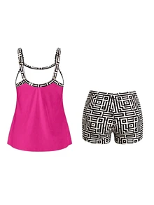 Swim Lushoire Plus Size Women Patchwork Camisole Tankini Top And Shorts Swimwear Set, Suitable For Summer Vacation - Hot Pink - View 4