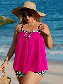 Swim Lushoire Plus Size Women Patchwork Camisole Tankini Top And Shorts Swimwear Set, Suitable For Summer Vacation - Hot Pink - View 6