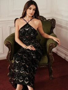 BELROSIE 女款掛脖修身長洋裝，亮片流蘇 V 型幾何滿版優雅黑色長裙，派對禮服，聖誕洋裝 - 黑色 - 查看 4