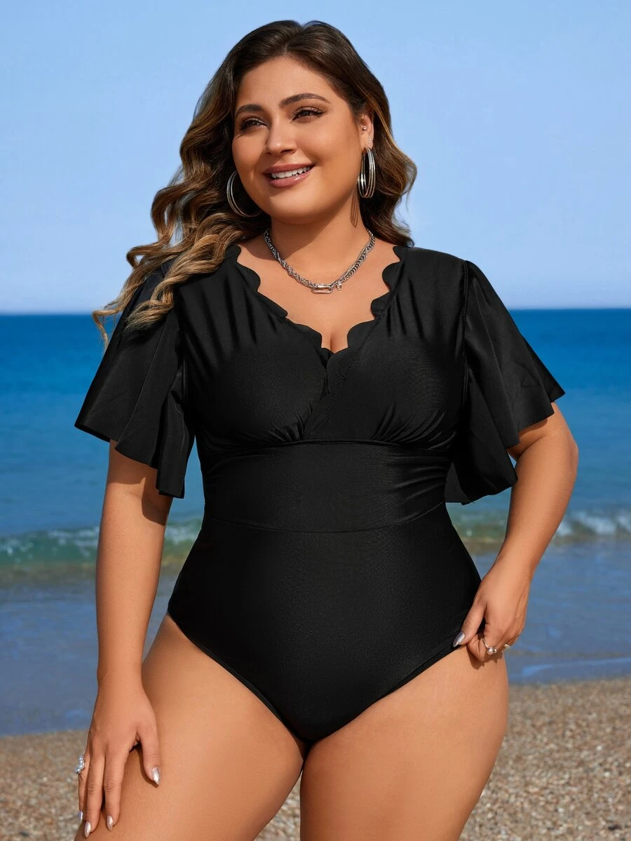Swim Lushoire Summer Beach Plus Size Scallop Edge Decorated V-Neck Short Flare Sleeve One-Piece Swimsuit