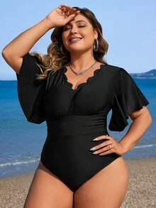 Swim Lushoire Summer Beach Plus Size Scallop Edge Decorated V-Neck Short Flare Sleeve One-Piece Swimsuit - Black - View 6