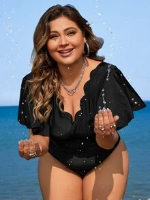 Swim Lushoire Summer Beach Plus Size Scallop Edge Decorated V-Neck Short Flare Sleeve One-Piece Swimsuit - Black - View 4