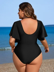 Swim Lushoire Summer Beach Plus Size Scallop Edge Decorated V-Neck Short Flare Sleeve One-Piece Swimsuit - Black - View 3
