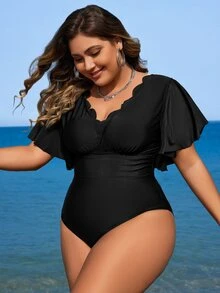 Swim Lushoire Summer Beach Plus Size Scallop Edge Decorated V-Neck Short Flare Sleeve One-Piece Swimsuit - Black - View 5