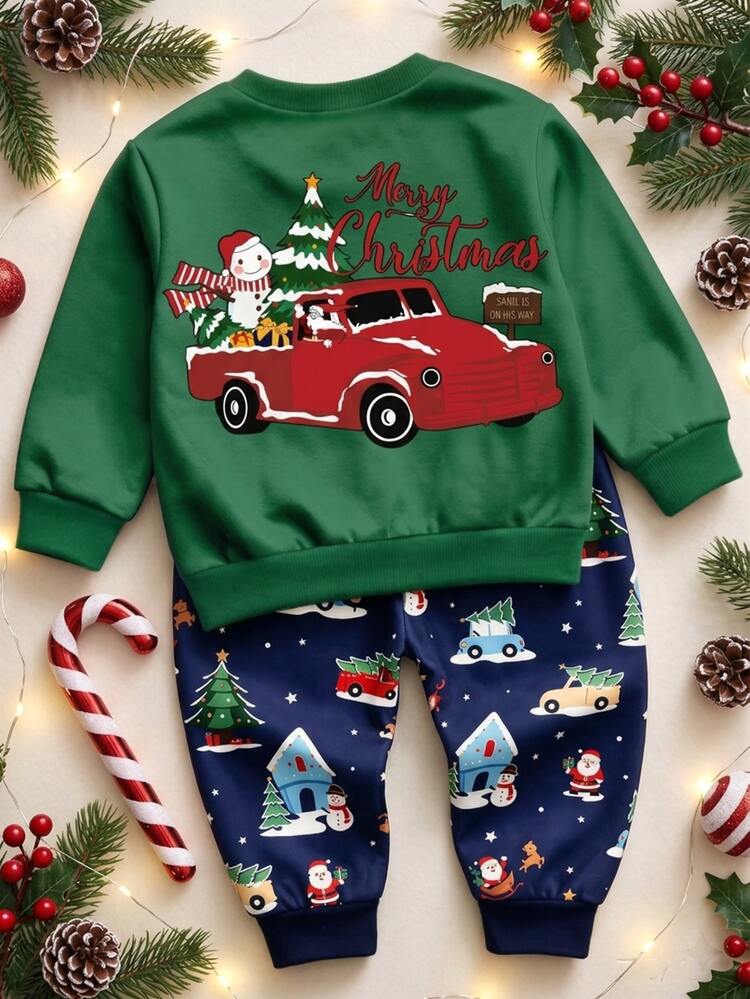 Young Boys Loose Sports Casual Comfortable Long Sleeve Sweatshirt And Pants 2 Pieces Set, Suitable For Autumn/Winter, Classic Cute Christmas Car Graphic Print, Classic Santa Claus Graphic Print, Classic Christmas Tree Graphic Print, Classic Christmas Reindeer Graphic Print, Suitable For Christmas - Multicolor - View 3