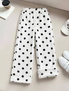 SHEIN 青少年女孩秋冬休閒保暖內裡加厚毛絨黑白圓點印花寬腿直筒長褲，隨機 1 件 - 黑與白 - 查看 3