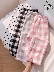 SHEIN 青少年女孩秋冬休閒保暖內裡加厚毛絨黑白圓點印花寬腿直筒長褲，隨機 1 件 - 黑與白 - 查看 6