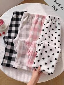 SHEIN 青少年女孩秋冬休閒保暖內裡加厚毛絨黑白圓點印花寬腿直筒長褲，隨機 1 件 - 黑與白 - 查看 7