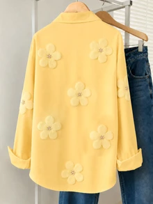 SHEIN Teen Girls Faux Embroidery Pearl Flower Pattern Digital Print Yellow Long Sleeve Shirt Cute Katseye Knit Minimalist Loose Floral Formal Fall Gifts - Multicolor - View 3
