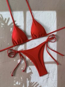 SHEIN Swim Women's Solid Color Halter Tie Backless Sexy Thong Bikini Set For Summer Beach Vacation,Summer,Spring,Valentine's Day,Casual,Party,Beach - Red - View 5
