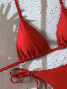 SHEIN Swim Women's Solid Color Halter Tie Backless Sexy Thong Bikini Set For Summer Beach Vacation,Summer,Spring,Valentine's Day,Casual,Party,Beach - Red - View 7