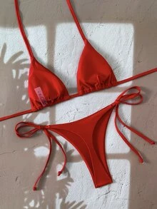SHEIN Swim Women's Solid Color Halter Tie Backless Sexy Thong Bikini Set For Summer Beach Vacation,Summer,Spring,Valentine's Day,Casual,Party,Beach - Red - View 2