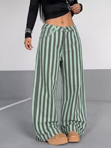 Rivivi Women's Street Style Striped Colorblock Button Denim Jeans,Fall/Winter,New Year Outfit - Brown - View 5