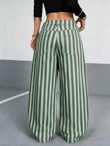Rivivi Women's Street Style Striped Colorblock Button Denim Jeans,Fall/Winter,New Year Outfit - Brown - View 2