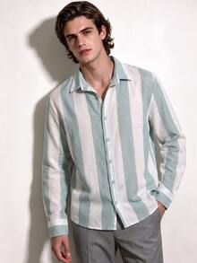 Manfinity Dauomo Men's Striped Casual Versatile Everyday Travel Shirt - Green - View 4