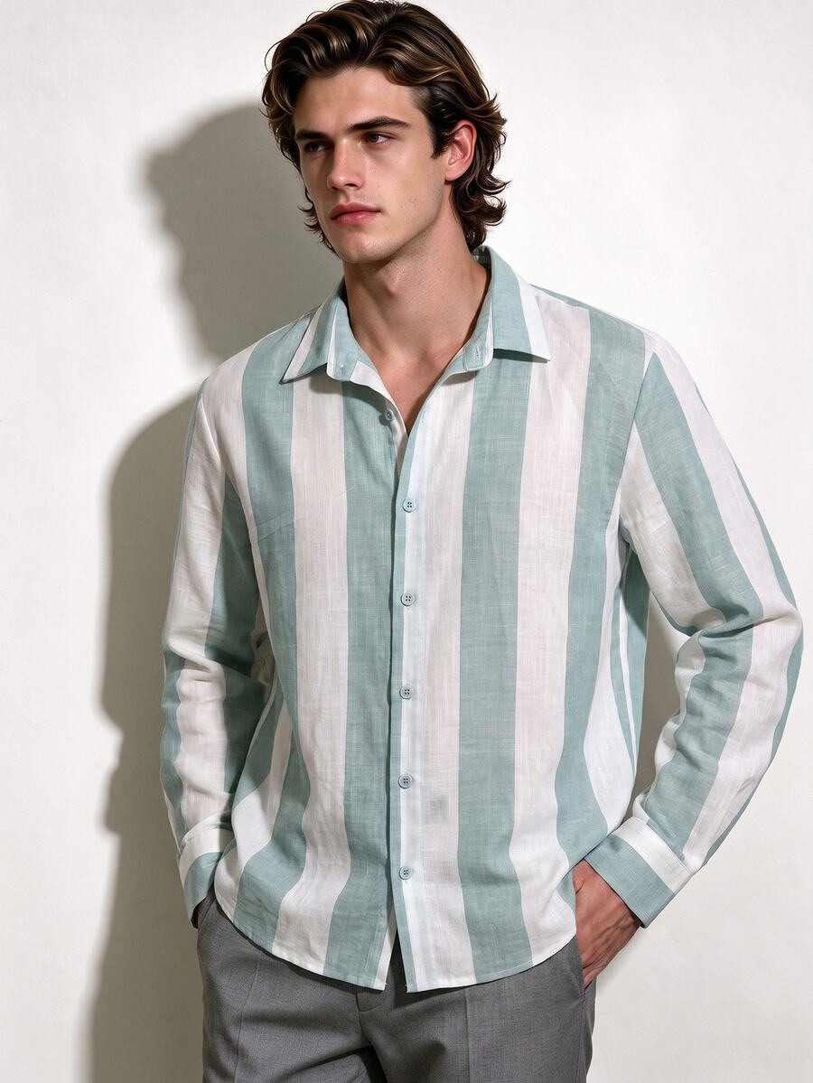 Manfinity Dauomo Men's Striped Casual Versatile Everyday Travel Shirt - Green - View 1